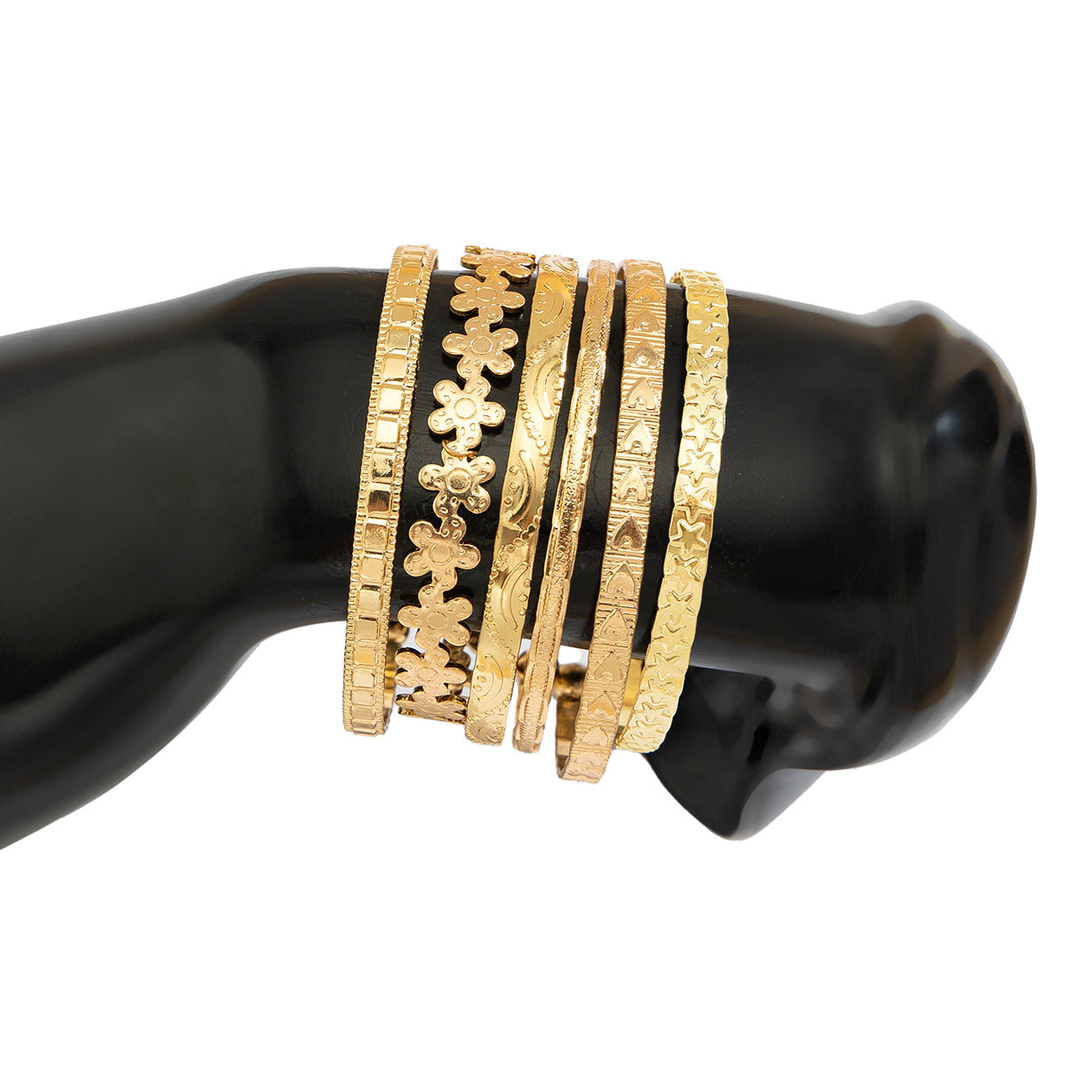 Trendy Floral Engraved Metal Bracelet Set