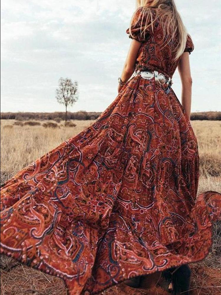 Sexy Printed V-Neck Short-Sleeved Bohemian Holiday Dress