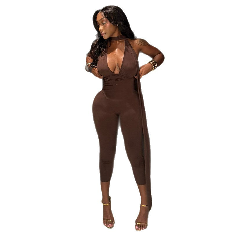 Trendy Casual Sleeveless Jumpsuit With V-Neck And Tie Detail