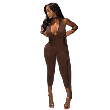 Trendy Casual Sleeveless Jumpsuit With V-Neck And Tie Detail