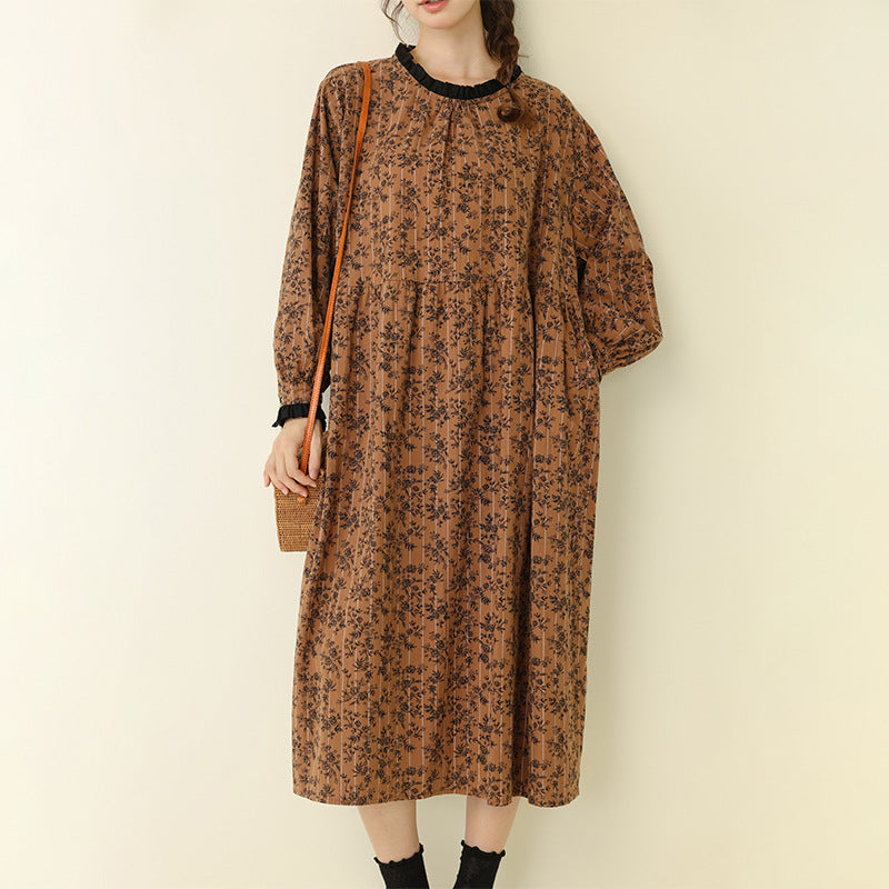 Floral A-Line Long Sleeve Dress with Ruffle Detail