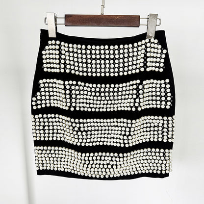 Unique Shoulder Pad Fitted Blazer And Pearl Embellished Skirt Set