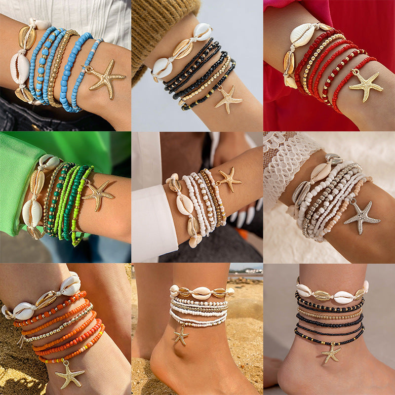 Bohemian Seashell Beaded Anklets Set With Starfish Elements