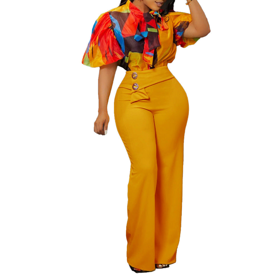 Floral Print Long Sleeve Collared Shirt And Wide Leg Pants Set