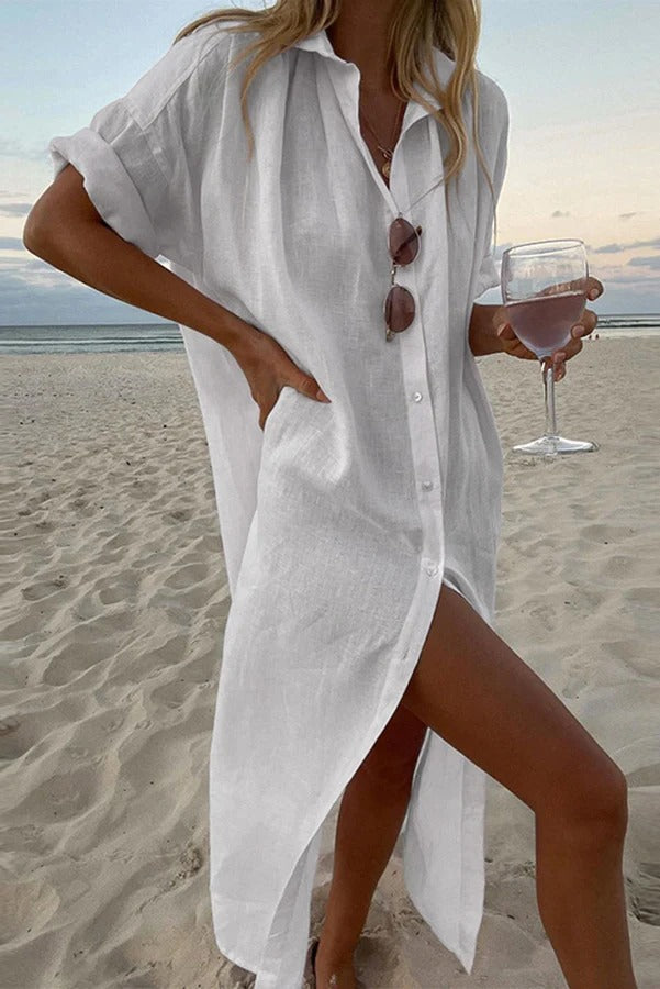 Solid Color Casual Long Sleeve Midi Cotton Linen Shirt Dress