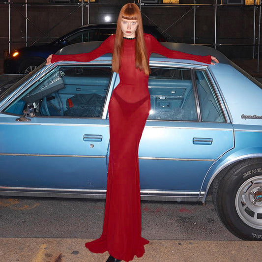 Fashionable Trendy Long Sleeve Sheer Backless Maxi Dress
