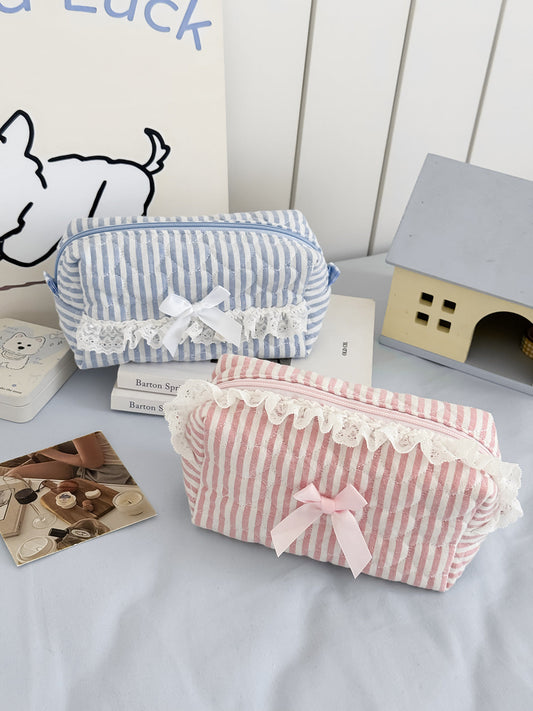 Pastel Striped Lace Storage Pouch Cute Fresh Style