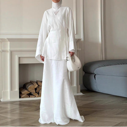 Trendy Casual Long Sleeve Dress Set With Ties
