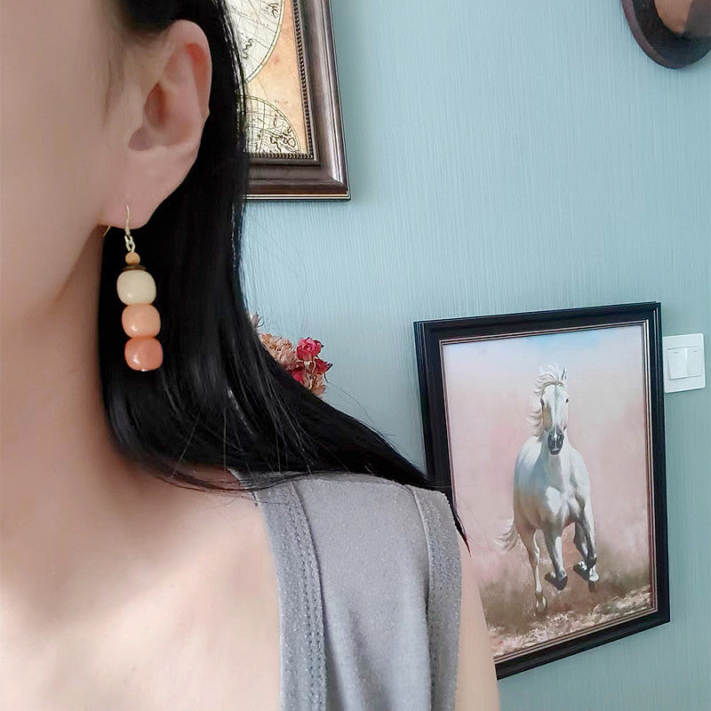 Natural Bodhi Root Personality Gradient Color Stud Earrings Simple Earrings Ethnic Style 925 Silver Hook Earrings
