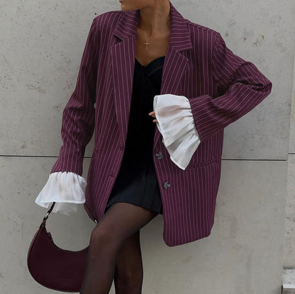 Burgundy Striped Blazer with Bell Sleeves for Women
