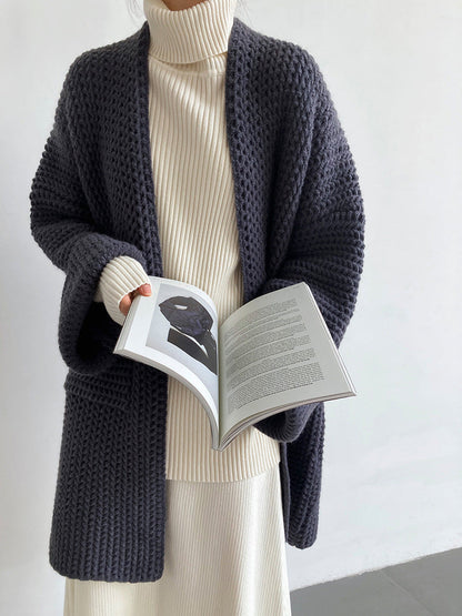 Solid Color Hollow Out Open Front Knit Cardigan