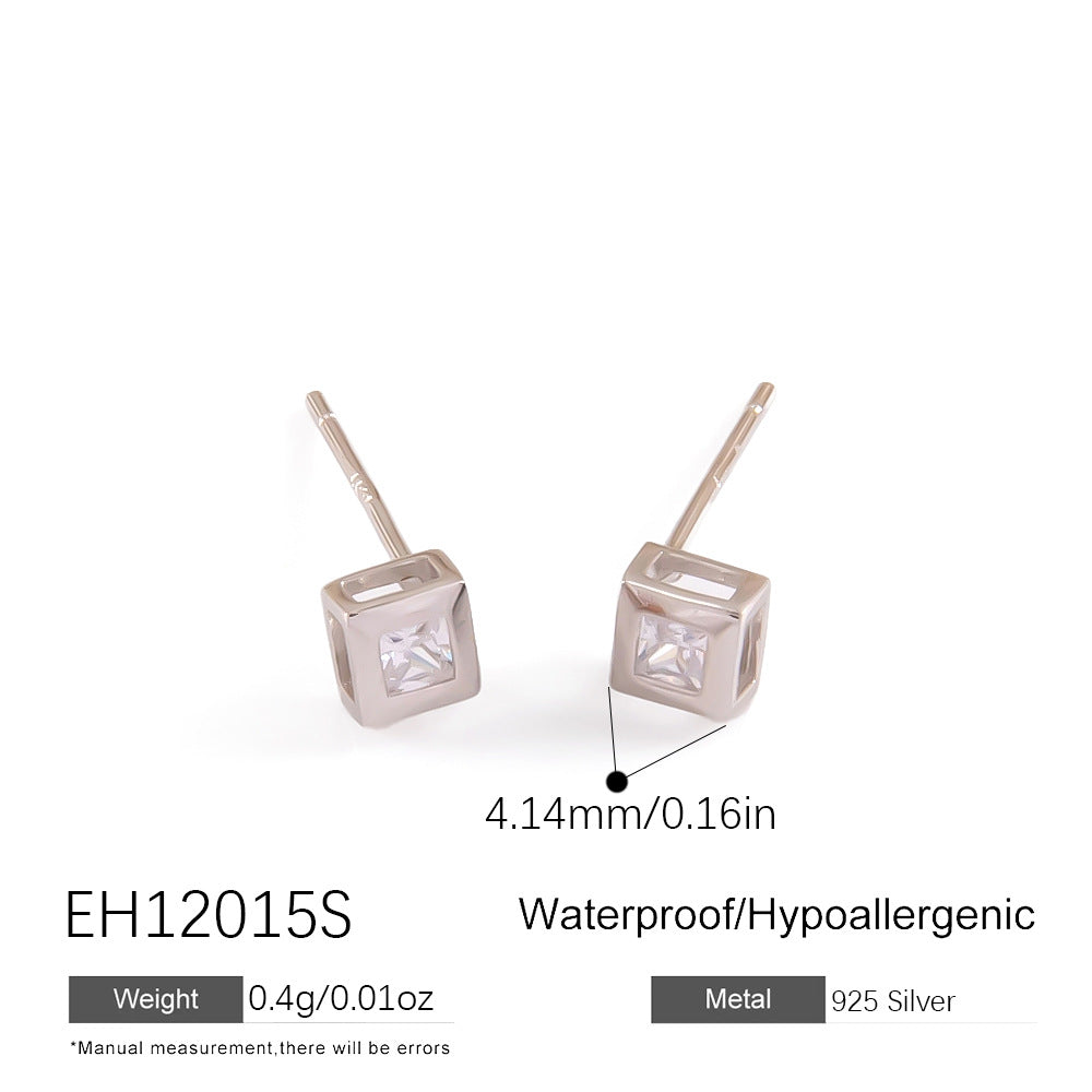 Geometric Diamond Stud Earrings 925 Sterling Silver Lightweight Luxury