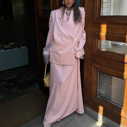 Chic Pink Satin Skirt Suit Set With Long Sleeve Blazer