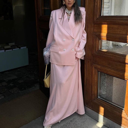 Chic Pink Satin Skirt Suit Set With Long Sleeve Blazer