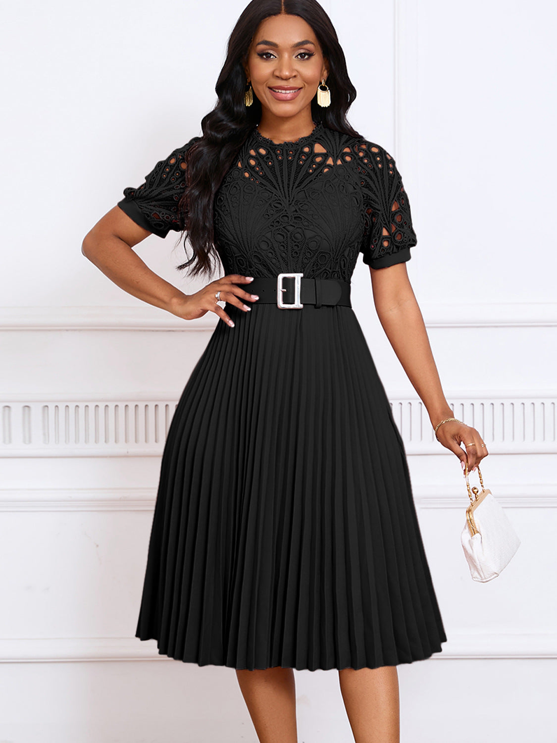 Elegant Lace Trim Short Sleeve A-Line Dress