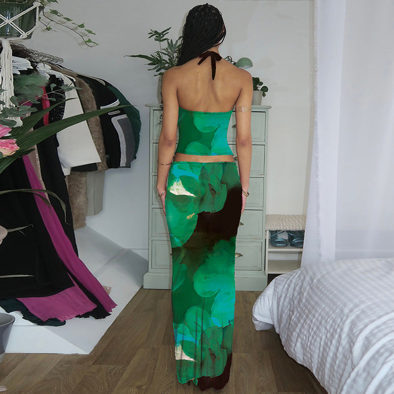 Fashion Floral Print Sexy U-Neck Slim Fit Tank Dress Set