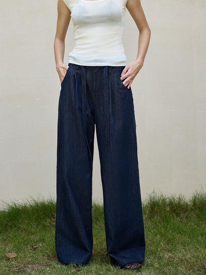 High-Waisted Casual Straight Pants with Tie Detail