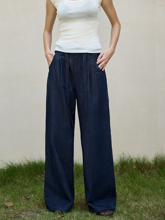 High-Waisted Casual Straight Pants with Tie Detail