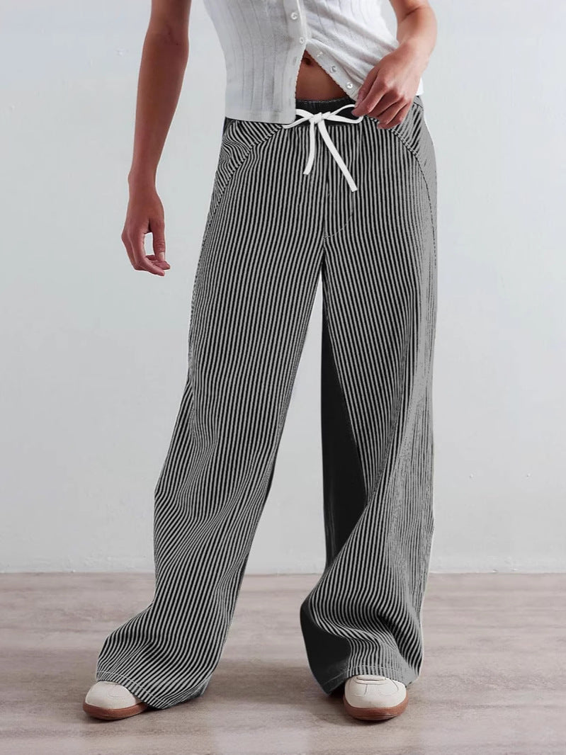 Striped Wide-Leg Denim Pants for Women Casual Stylish Streetwear