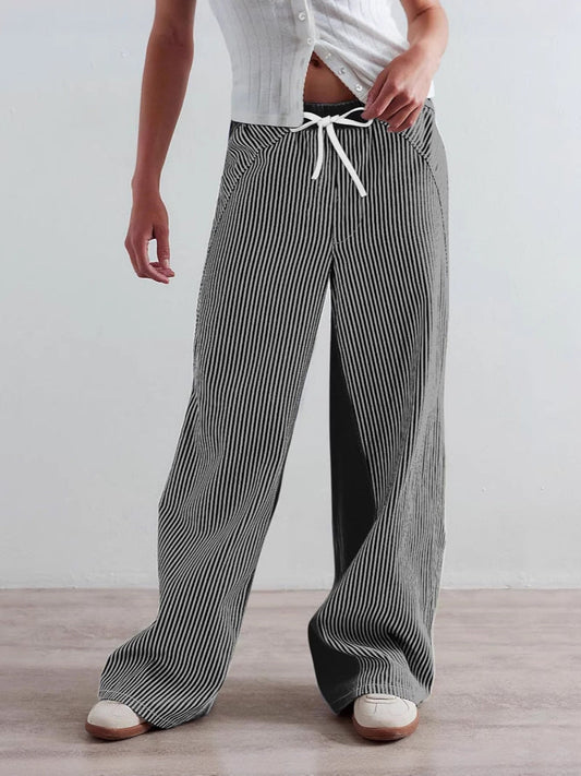 Striped Wide-Leg Denim Pants for Women Casual Stylish Streetwear