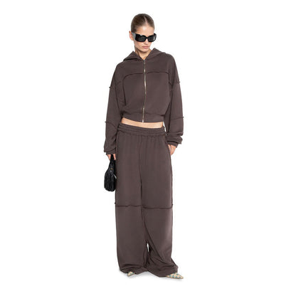 Hooded Long Sleeve Zip-Up Jacket And Loose Trousers Set