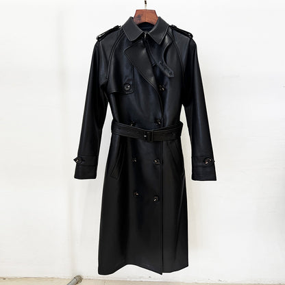 Double-Breasted Belted Faux Leather Trench Coat