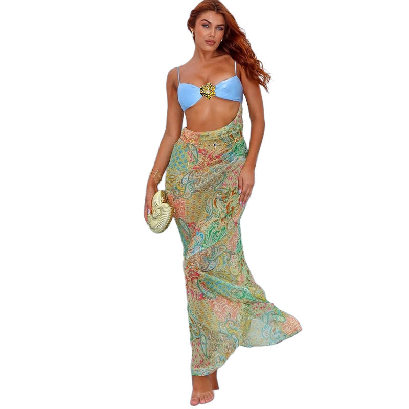 Color Block Backless Maxi Dress Sexy Sleeveless Cutout Floral