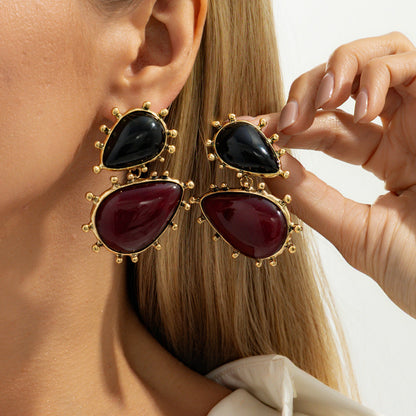 Chic Resin Gemstone Stud Earrings Vintage Geometric Design