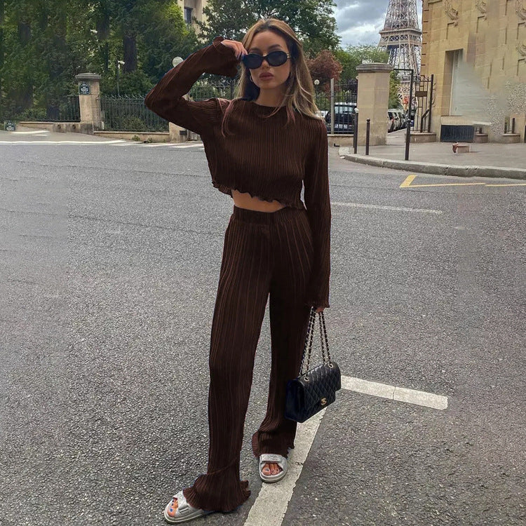 Chic Long Sleeve T-Shirt and Pleated Wide Leg Pants Set