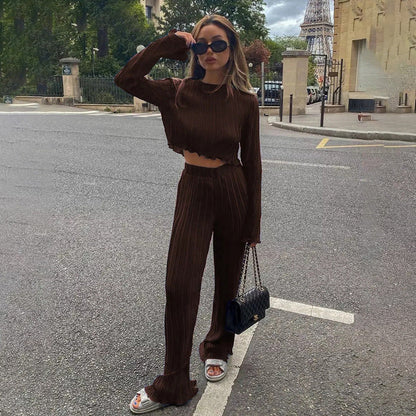 Chic Long Sleeve T-Shirt and Pleated Wide Leg Pants Set