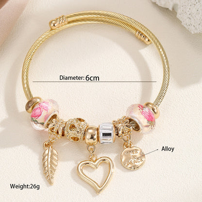 Fashionable Adjustable Gold Stainless Steel Bracelet Elegant Heart Design