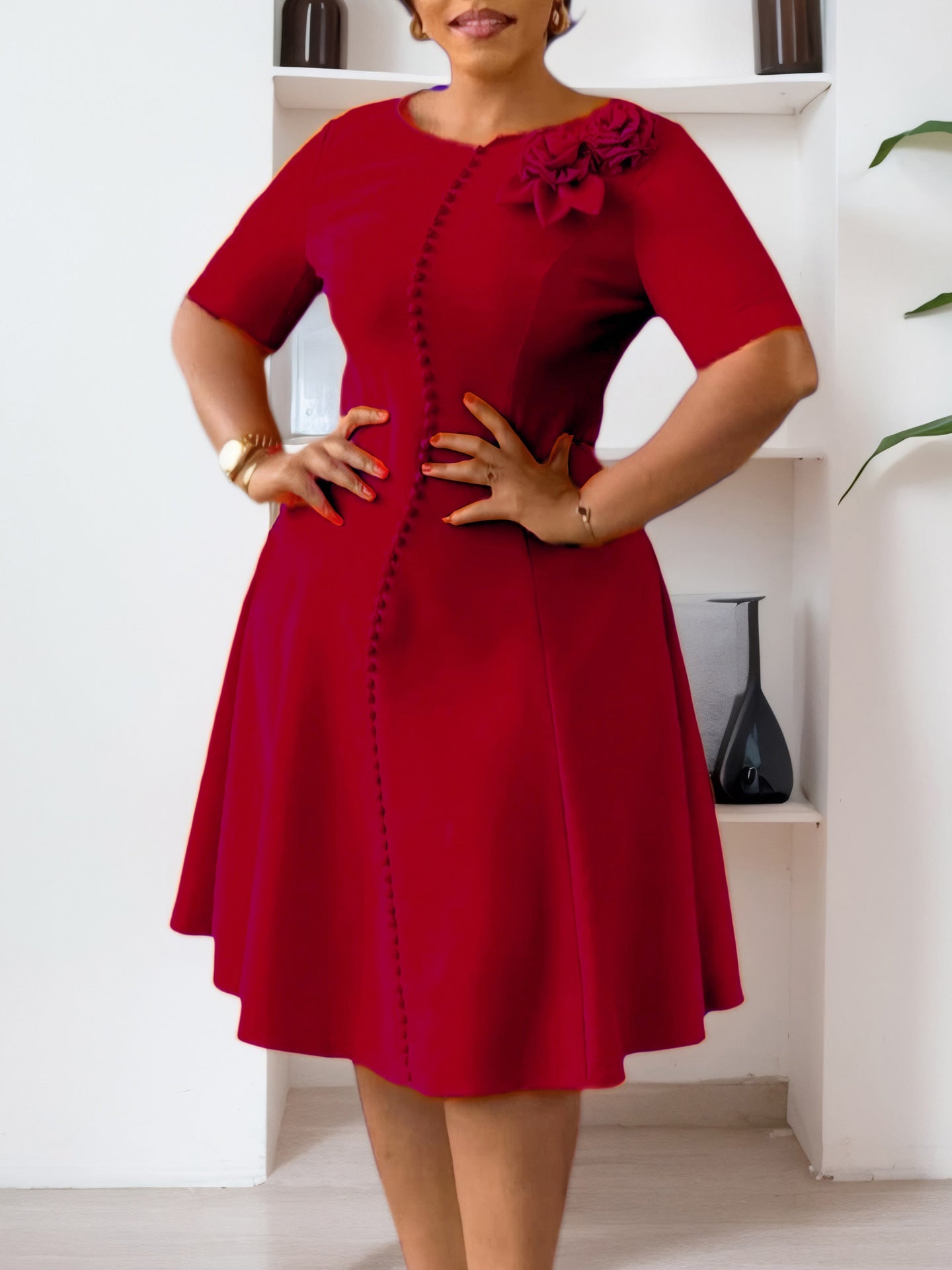 Elegant Solid Color A-Line Dress With Short Sleeves
