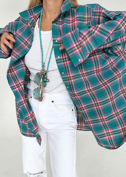 Oversized Plaid Button Up Shirt Soft Cotton