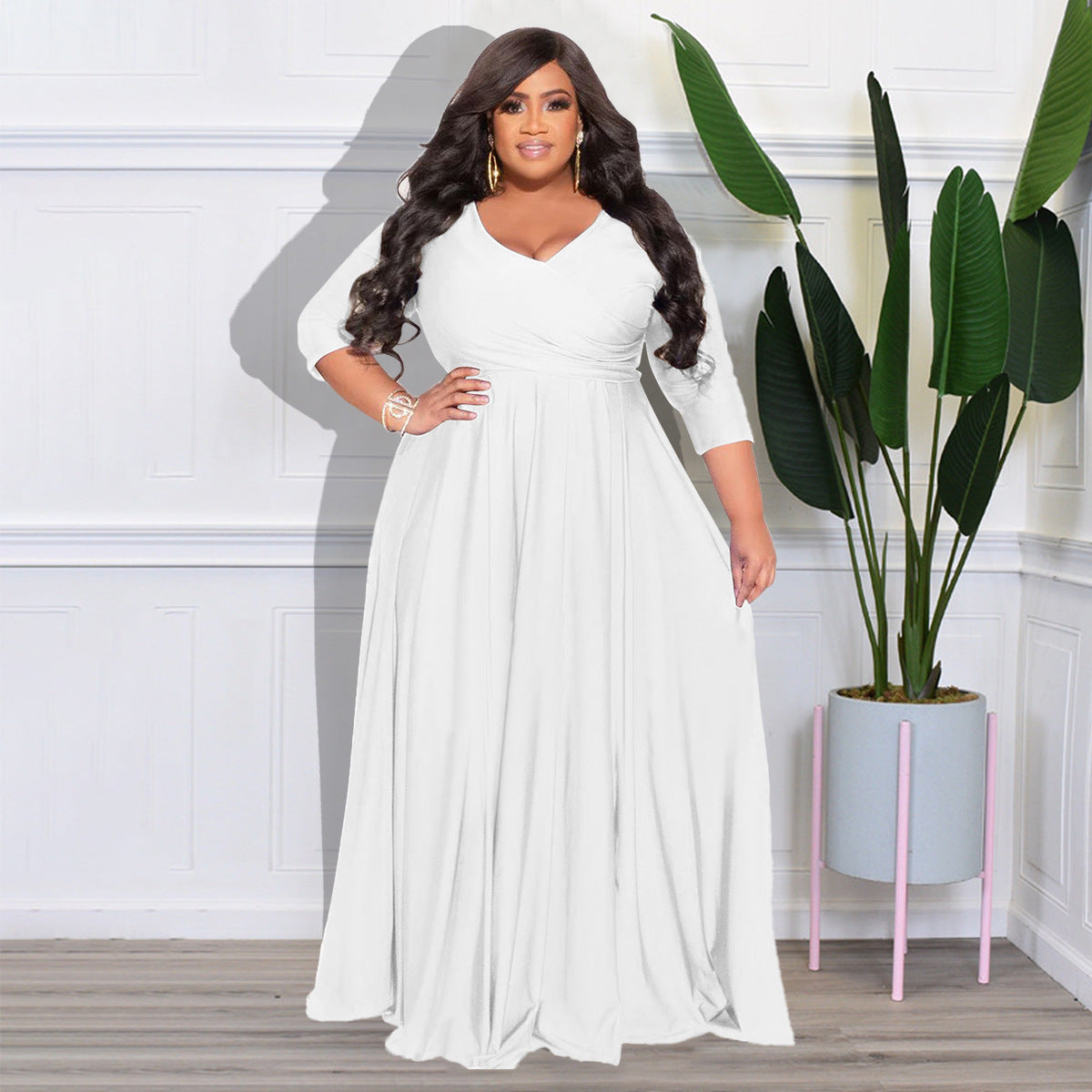 Plus Size Solid Color V-Neck Elegant Long Dress