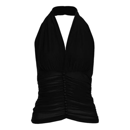Sexy V-Neck Halter Crop Top With Sheer Ruffle