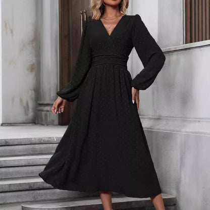 Autumn And Winter New Medium Hairball Diagonal Neck Lantern Sleeve Pleated Waist Dress