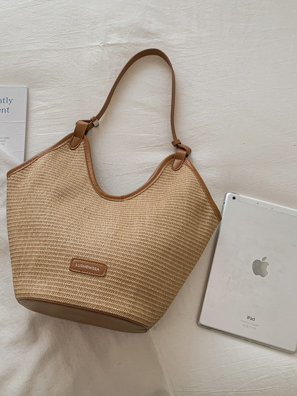 Trendy Woven Shoulder Bag Color Block Beach Bag