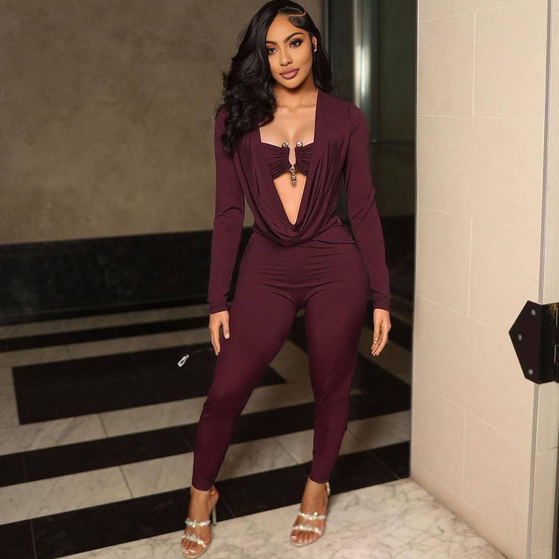 New Sexy Solid Color Jumpsuit With Wrap Neckline And Fitted Waist