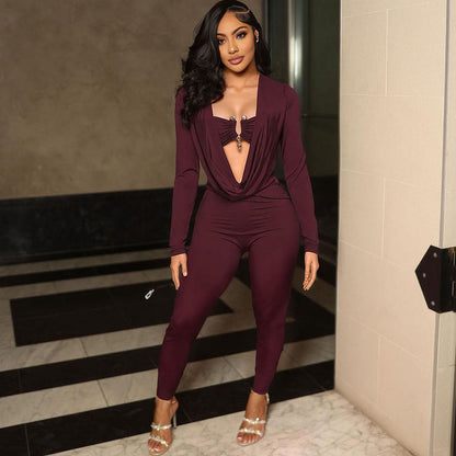 New Sexy Solid Color Jumpsuit With Wrap Neckline And Fitted Waist