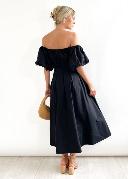 Off Shoulder Puff Sleeves Midi Dress