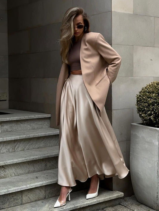 A Line Maxi Skirt Satin Fabric Elegant Flowing