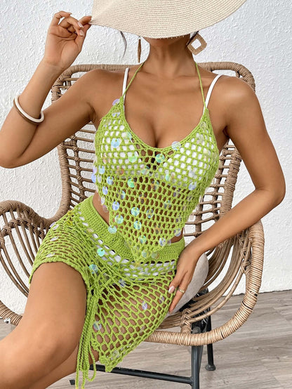 Women'S Vacation Beach Set Sparkly Crochet Bikini Two-Piece Cover-Up