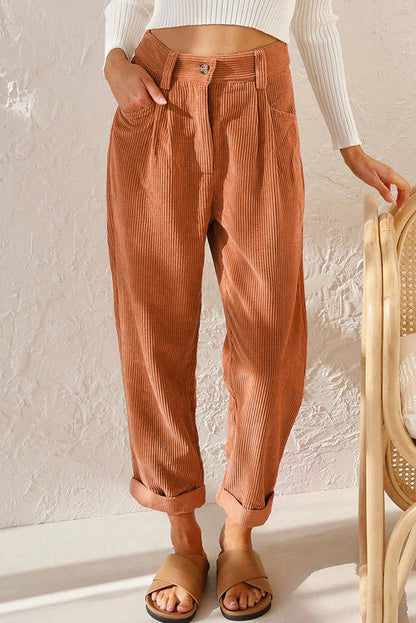 New Women'S High Waist Casual Pants Solid Color Loose Straight Corduroy Pants