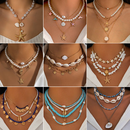 Beach Starfish Bead Necklace Vintage Pearl-Like Pendant