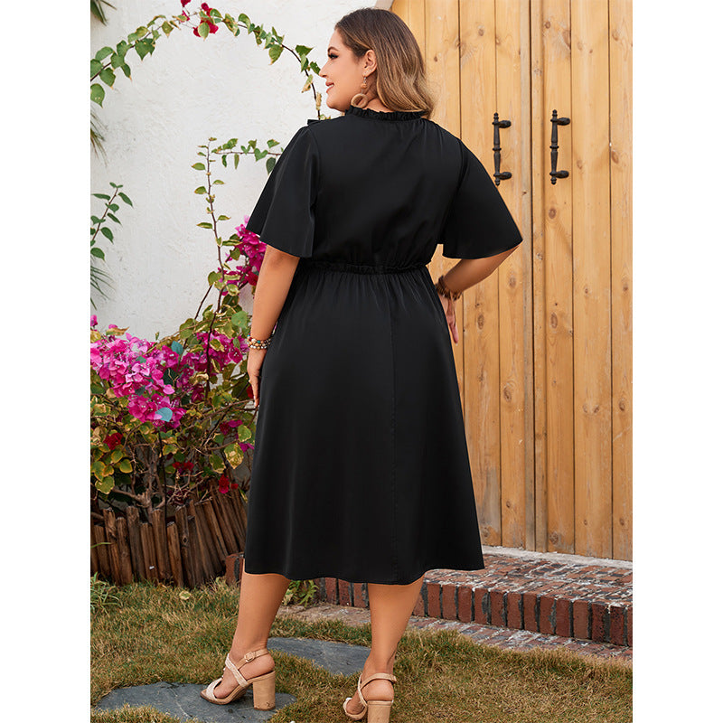 Elegant Black A-Line Dress with V-Neck Lace Trim