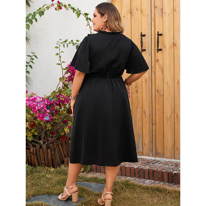 Elegant Black A-Line Dress With V-Neck Lace Trim