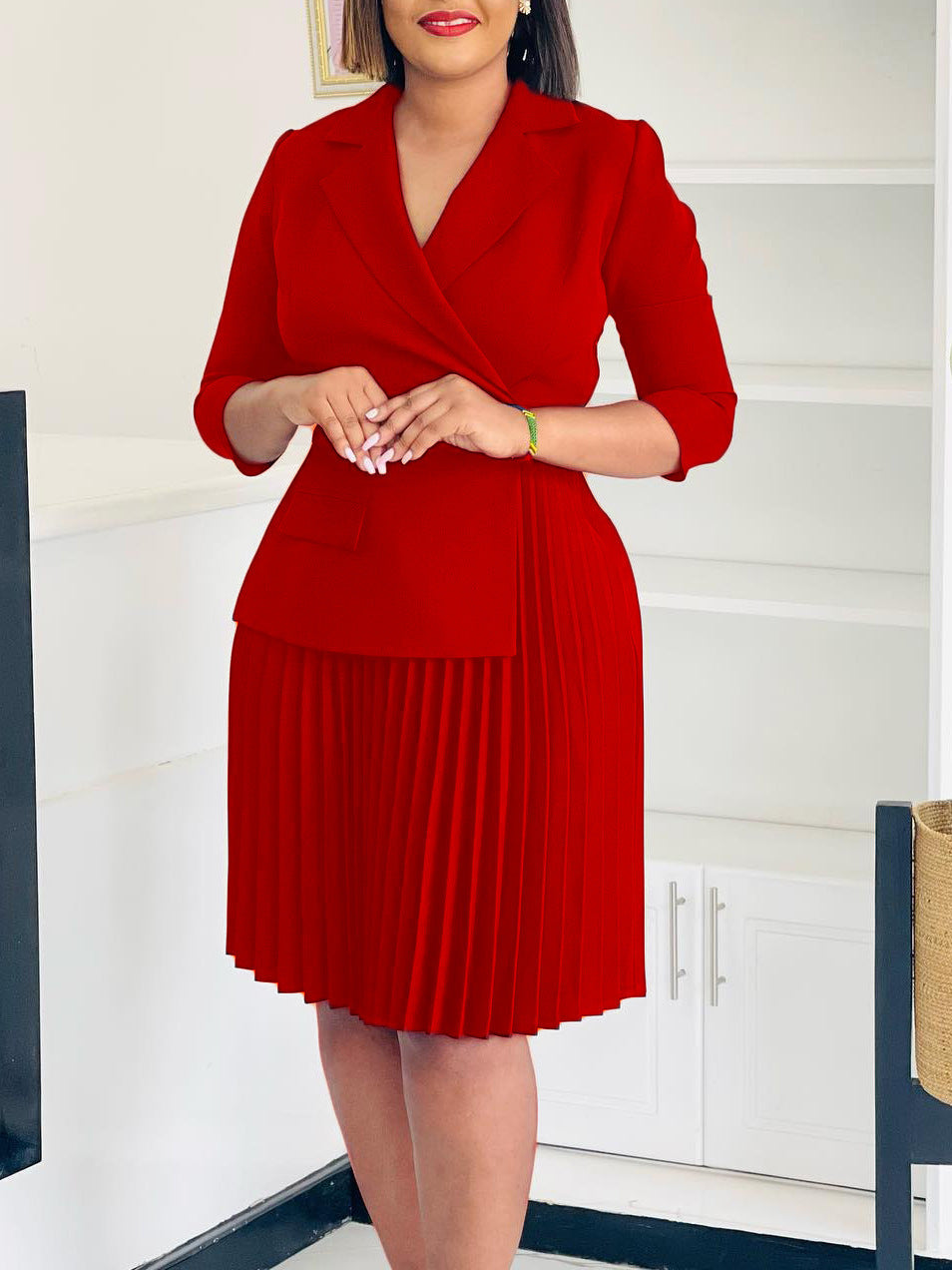 Elegant Solid Color Blazer Dress With Pleats