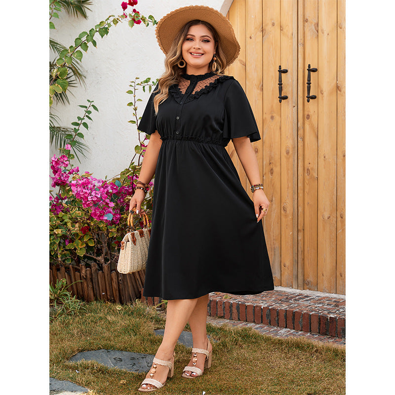 Elegant Black A-Line Dress With V-Neck Lace Trim