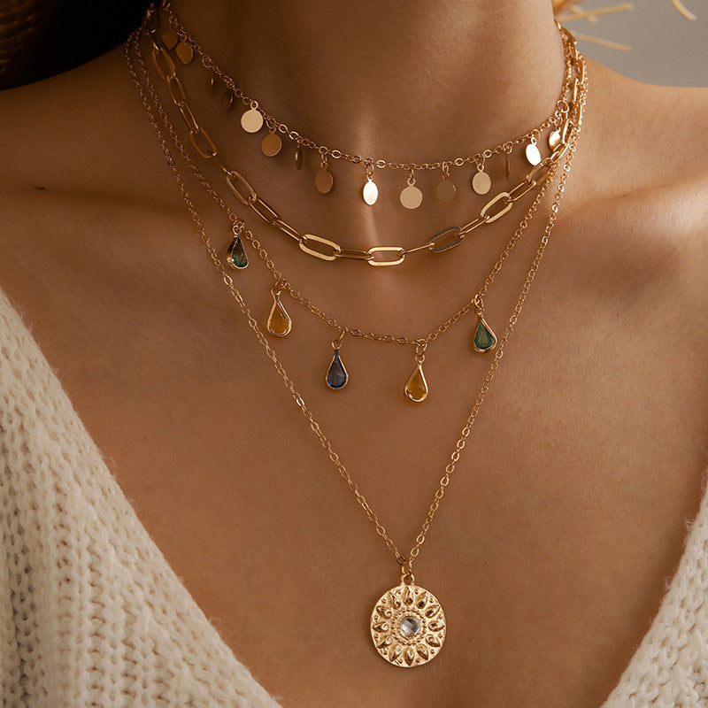 Geometric Layered Y-Shaped Alloy Necklace With Tassels And Rhinestones