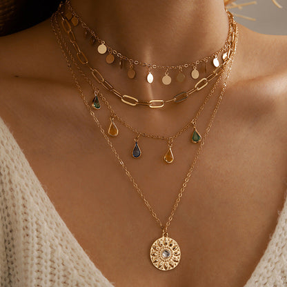 Geometric Layered Y-Shaped Alloy Necklace With Tassels And Rhinestones